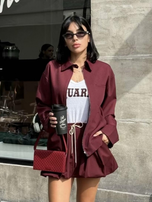 Women Fashion Wine Red Woven Set Long Sleeve Zipper Lapel Jacket Coat And Drawstring Mini Skirt Solid Color Casual Streetwear Two Piece Outfits