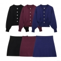 Women's 2 Piece Knit Outfits Solid Color 100% Polyester Long Sleeve Button Up Cardigan Sweater Top And High Waist Mini A-Line Skirt Set Elegant Streetwear For Spring