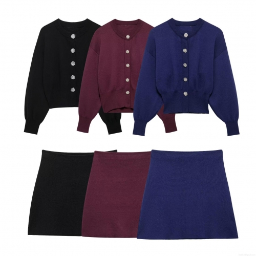Women's 2 Piece Knit Outfits Solid Color 100% Polyester Long Sleeve Button Up Cardigan Sweater Top And High Waist Mini A-Line Skirt Set Elegant Streetwear For Spring