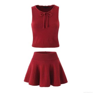 Women's 2 Piece Knit Skirt Set Sleeveless Bow Tie Vest Top High Waist Pleated Mini Skirt Outfits Streetwear Autumn Casual Knitted Suit