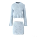 Women's Sexy Distressed Cable Knit Two-Piece Set Hollow Out Cropped Sweater And Bodycon Mini Skirt Long Sleeve Streetwear Outfits For Autumn