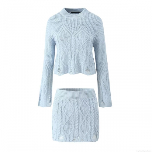 Women's Sexy Distressed Cable Knit Two-Piece Set Hollow Out Cropped Sweater And Bodycon Mini Skirt Long Sleeve Streetwear Outfits For Autumn