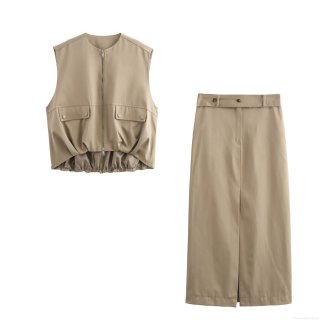 Women's 2 Piece Outfits Khaki Sleeveless Vest Gilet And Straight Midi Skirt Set Windbreaker Fabric Casual Streetwear Suit With Pockets