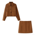 Women's Fashion Suede Two Piece Skirt Set Autumn Long Sleeve Short Jacket and Mini A-Line Skirt Solid Color Casual Outfits Dark Brown Streetwear