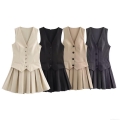 Women's Two Piece Outfits Suit Vest and Pleated Mini Skirt Set Sleeveless V Neck Button Down Striped Waistcoat Academic Style Casual Office Wear Skirt Suit