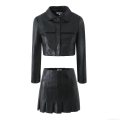 Women's PU Leather Two Piece Set Sexy Short Crop Biker Jacket And Pleated Mini Skirt Streetwear Autumn Outfits For Women