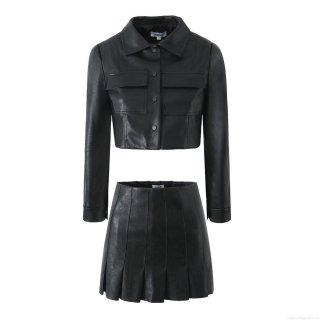 Women's PU Leather Two Piece Set Sexy Short Crop Biker Jacket And Pleated Mini Skirt Streetwear Autumn Outfits For Women