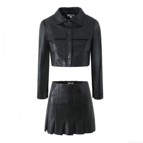 Women's PU Leather Two Piece Set Sexy Short Crop Biker Jacket And Pleated Mini Skirt Streetwear Autumn Outfits For Women