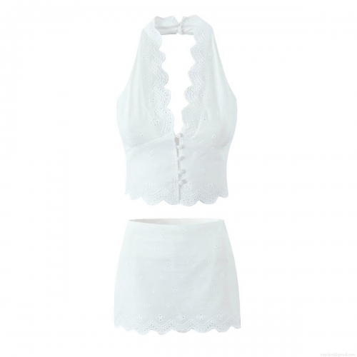 Women White Cotton Eyelet Embroidery 2 Piece Skirt Set Halter Neck Crop Top And Scalloped Mini Skirt Boho Streetwear Summer Outfit