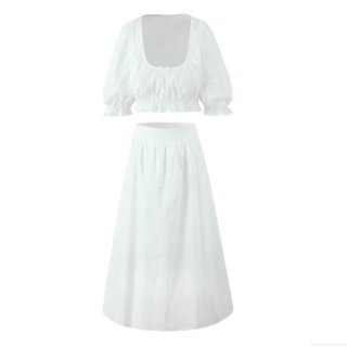 Women's 2 Piece Skirt Set 100% Cotton Square Neck Puff Sleeve Crop Top With Bowknot And High Waisted A-Line Tiered Maxi Skirt Summer Cottagecore Retro Outfit