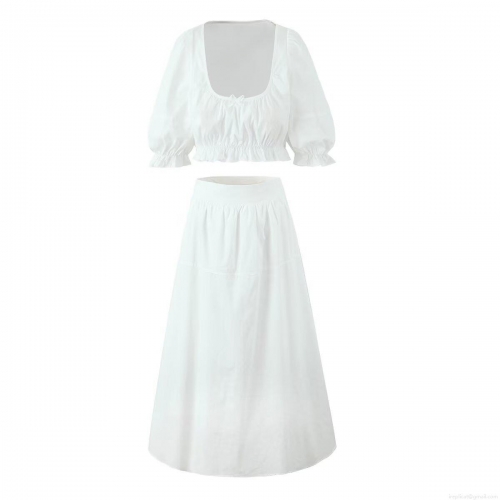 Women's 2 Piece Skirt Set 100% Cotton Square Neck Puff Sleeve Crop Top With Bowknot And High Waisted A-Line Tiered Maxi Skirt Summer Cottagecore Retro Outfit