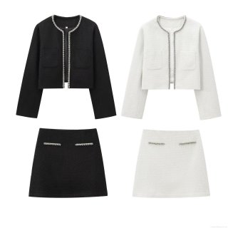 Women's Elegant 2 Piece Tweed Skirt Set Long Sleeve Cropped Jacket And High Waist Mini A-Line Skirt With Rhinestone Beaded Trim Winter Fashion Streetwear