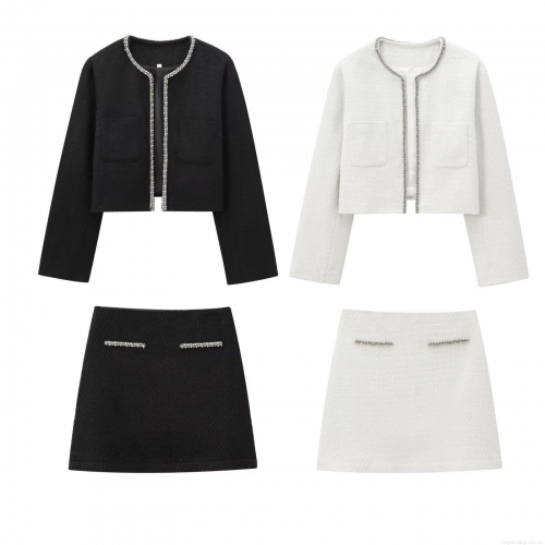 Women's Elegant 2 Piece Tweed Skirt Set Long Sleeve Cropped Jacket And High Waist Mini A-Line Skirt With Rhinestone Beaded Trim Winter Fashion Streetwear
