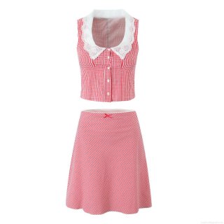 Women's Red White Gingham Two-Piece Skirt Set Chic Lace Collar Button-Up Crop Top And A-Line Mini Skirt Casual Streetwear Summer Outfit