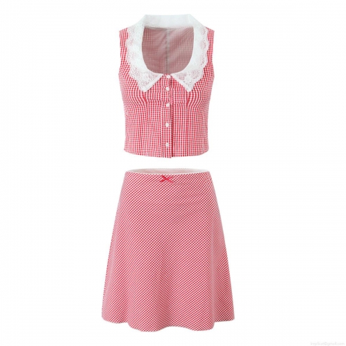 Women's Red White Gingham Two-Piece Skirt Set Chic Lace Collar Button-Up Crop Top And A-Line Mini Skirt Casual Streetwear Summer Outfit