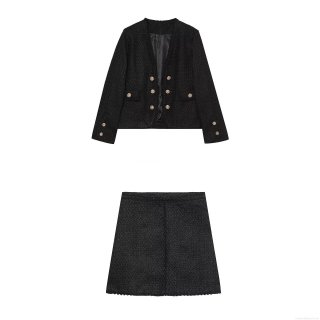 Women's Elegant Black Tweed Skirt Set Two Piece Long Sleeve Round Neck Jacket With Golden Buttons And A-Line Mini Skirt For Office Party Streetwear Fashion Outfit
