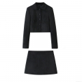 Women's 2 Piece Faux Suede Skirt Set Solid Black Single Breasted Cropped Jacket and High Waist A-Line Mini Skirt Streetwear Outfits For Casual Party