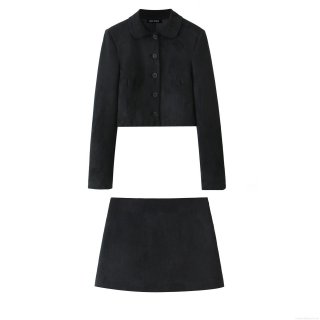 Women's 2 Piece Faux Suede Skirt Set Solid Black Single Breasted Cropped Jacket and High Waist A-Line Mini Skirt Streetwear Outfits For Casual Party