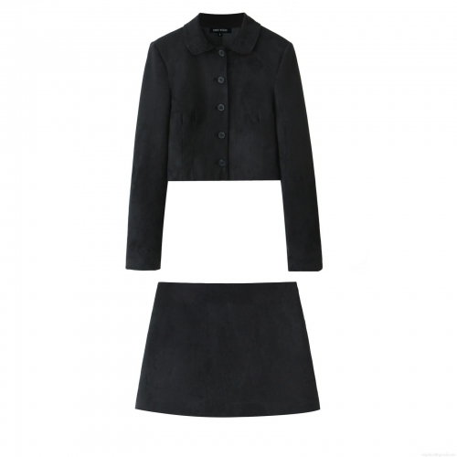 Women's 2 Piece Faux Suede Skirt Set Solid Black Single Breasted Cropped Jacket and High Waist A-Line Mini Skirt Streetwear Outfits For Casual Party