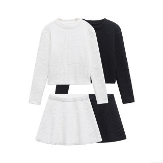 Women's Two Piece Knit Outfits Plush Long Sleeve Round Neck Sweater And High Waist A-Line Mini Skirt Casual Streetwear Winter Sets