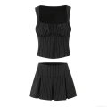 Women's Striped Two Piece Skirt Set Square Neck Drawstring Vest Top and Pleated Mini Skirt Outfit Summer Streetwear Fashion Clubwear Black and White
