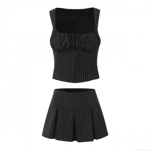 Women's Striped Two Piece Skirt Set Square Neck Drawstring Vest Top and Pleated Mini Skirt Outfit Summer Streetwear Fashion Clubwear Black and White