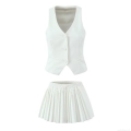 Women's 2 Piece Fashion Sleeveless Button Up Vest and High Waist Pleated Mini Skirt Set Solid Color Streetwear Office Slim Fit Casual Outfits