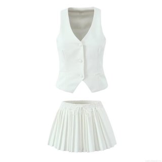 Women's 2 Piece Fashion Sleeveless Button Up Vest and High Waist Pleated Mini Skirt Set Solid Color Streetwear Office Slim Fit Casual Outfits
