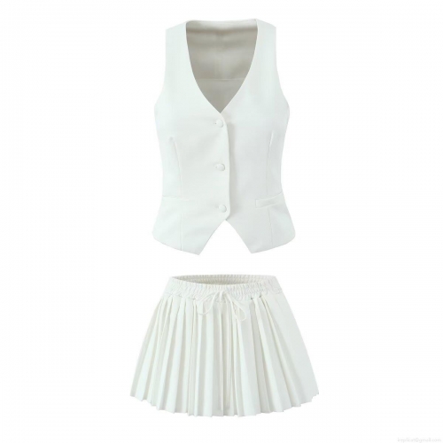 Women's 2 Piece Fashion Sleeveless Button Up Vest and High Waist Pleated Mini Skirt Set Solid Color Streetwear Office Slim Fit Casual Outfits