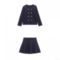 Elegant Navy Blue Women's 2 Piece Knit Skirt Set Double Breasted Gold Buttons Long Sleeve Jacket And Mini A-Line Skirt Suit For Streetwear Office