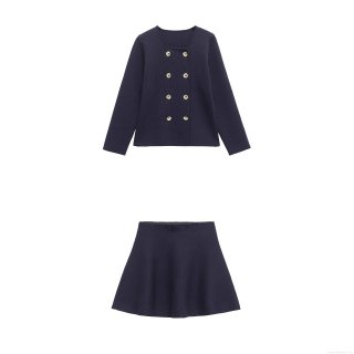 Elegant Navy Blue Women's 2 Piece Knit Skirt Set Double Breasted Gold Buttons Long Sleeve Jacket And Mini A-Line Skirt Suit For Streetwear Office