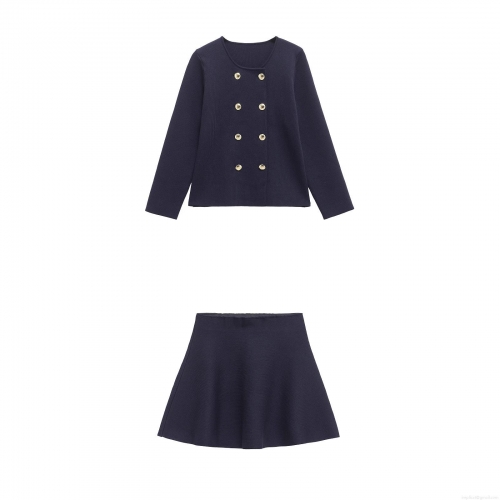 Elegant Navy Blue Women's 2 Piece Knit Skirt Set Double Breasted Gold Buttons Long Sleeve Jacket And Mini A-Line Skirt Suit For Streetwear Office