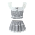 Women's Sweet Striped Sleeveless Crop Top And Mini Skirt Set Lace Patchwork Retro Bow Two-Piece Outfit For Daily Dating Fashion Clothing