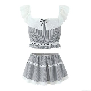 Women's Sweet Striped Sleeveless Crop Top And Mini Skirt Set Lace Patchwork Retro Bow Two-Piece Outfit For Daily Dating Fashion Clothing