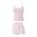 Women's 100% Cotton Two Piece Set Stripe Camisole Crop Top And Mini Skirt Set Bow Patchwork Lace Trim Seersucker Summer Casual Outfit Streetwear For Women