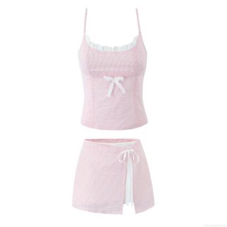 Women's 100% Cotton Two Piece Set Stripe Camisole Crop Top And Mini Skirt Set Bow Patchwork Lace Trim Seersucker Summer Casual Outfit Streetwear For Women