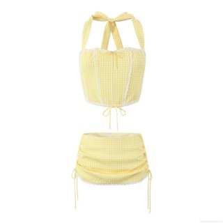 Women's Gingham Two Piece Set Halter Lace Trim Crop Top and Ruched Drawstring Mini Skirt Cotton Blend Retro Streetwear Outfits