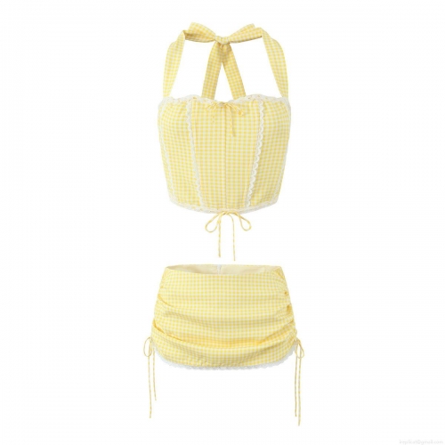 Women's Gingham Two Piece Set Halter Lace Trim Crop Top and Ruched Drawstring Mini Skirt Cotton Blend Retro Streetwear Outfits