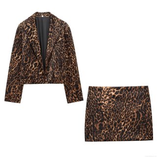 Women's Leopard Print Blazer and Mini Skirt 2-Piece Set Polyester Long Sleeve Jacket and High Waist Short Skirt Outfit for Streetwear Party Office Spring