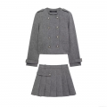 Women's Fashion Grey Double Breasted Long Sleeve Jacket And Pleated Mini Skirt Set Polyester Blend Streetwear Academy Style Casual Two Piece Outfit For Women