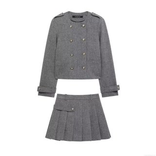 Women's Fashion Grey Double Breasted Long Sleeve Jacket And Pleated Mini Skirt Set Polyester Blend Streetwear Academy Style Casual Two Piece Outfit For Women