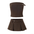 Women Sexy Tube Top and Pleated Mini Skirt Two Piece Set with Belt Buckle Detail Strapless Cropped Top and High Waist Short Skirt Streetwear Outfits