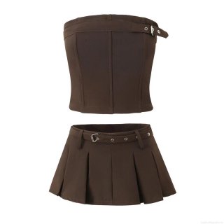 Women Sexy Tube Top and Pleated Mini Skirt Two Piece Set with Belt Buckle Detail Strapless Cropped Top and High Waist Short Skirt Streetwear Outfits