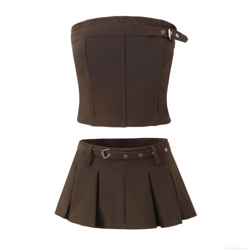 Women Sexy Tube Top and Pleated Mini Skirt Two Piece Set with Belt Buckle Detail Strapless Cropped Top and High Waist Short Skirt Streetwear Outfits