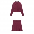 Women's Knitted Skirt Set Wine Red Long Sleeve Cardigan And Pleated Mini Skirt Elegant Mercerized Cotton Solid Color Outfit With Gold Buttons For Party Lady