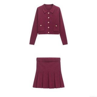 Women's Knitted Skirt Set Wine Red Long Sleeve Cardigan And Pleated Mini Skirt Elegant Mercerized Cotton Solid Color Outfit With Gold Buttons For Party Lady