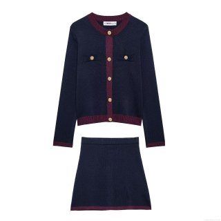 Women's Fashion Contrast Trim Knit Two Piece Set Long Sleeve Gold Button Cardigan Jacket And Matching Mini Skirt Casual Streetwear Knitted Outfit