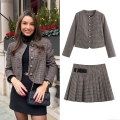 Women Houndstooth Tweed Skirt Suit Vintage Chanel Style Round Neck Short Jacket And High Waist Mini Pleated Skirt With Gold Buttons Elegant Two Piece Set For Office Daily Wear