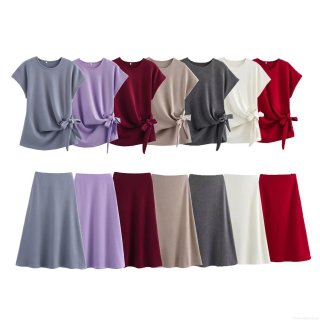 Women's 2-Piece Knit Set Short Sleeve Round Neck Side Tie Knot T-Shirt And A-Line Midi Skirt Solid Color Casual Streetwear Outfit