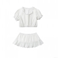 Women's Elegant White Lace Trim Puff Sleeve Top And Mini Skirt Two Piece Set Summer Streetwear Slim Fit Crop Top With Ruffle Short Skirt Outfit For Ladies